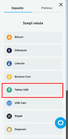 Scegli USDT e rete