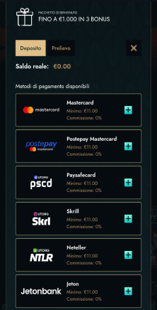Selezionate il metodo di deposito.