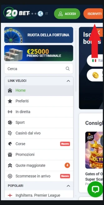 1 Accedi al sito di 20Bet e avvia la registrazione