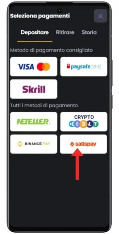 Seleziona Satispay come metodo di pagamento